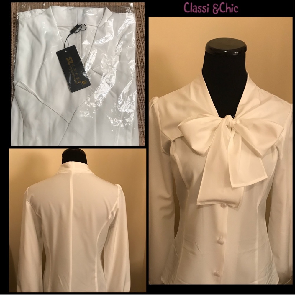 Women's Chiffon Long Sleeve Blouse Bow-Tie V Neck